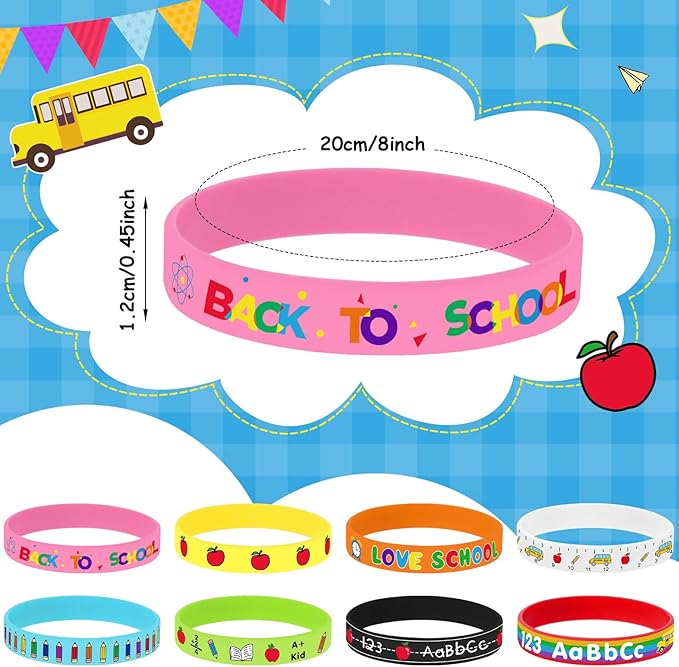 JUNEBRUSHS 64Pcs Welcome Back to School Party Favors Silicone Bracelets Rubber Wristbands for First Day of School Party Decorations Kindergarten Preschool Favors Supplies(8 Designs)