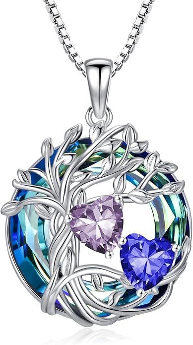 TOUPOP s925 Sterling Silver Family Celtic Tree of Life Pendant Necklaces with 2 Heart Birthstone with Blue Austrian Crystal Jewelry Birthday Anniversary Christmas Gifts for Her Wife Girlfriend Mom (18K Real White Gold Filled)