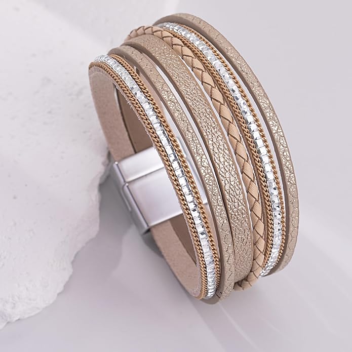 FANCY SHINY Boho Leather Wrap Bracelets Trendy Layered Bracelets with Magnetic Clasp Strackable Bohemian Jewelry Gifts for Women