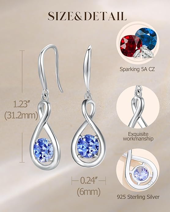FANCIME Dangle Drop Earrings 925 Sterling Silver Dainty Infinity Round Gemstone Birthstone Jewelry Birthday Gifts for Her Women