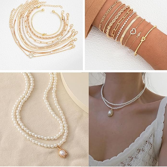 CONGYING 120PCS Gold Jewelry Sets For Women, With 7 Necklace,12 Bracelet,30pcs Hoop Earring,59pcs stud earrings and 12pcs cuff Ear Earrings Friendship for Happy Gifts