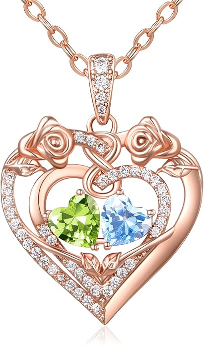 JIYVY32 Rose Heart Necklace for Women Exquisite 925 Sterling Silver Anniversary Birthday Gifts for Wife Mom Her Double Birthstone Pendant Jewelry