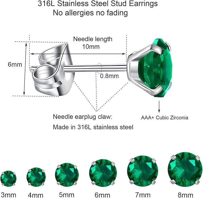 6 Pairs Stud Earrings Set, Hypoallergenic Cubic Zirconia Earrings 316L Stainless Steel CZ Earrings 3-8mm