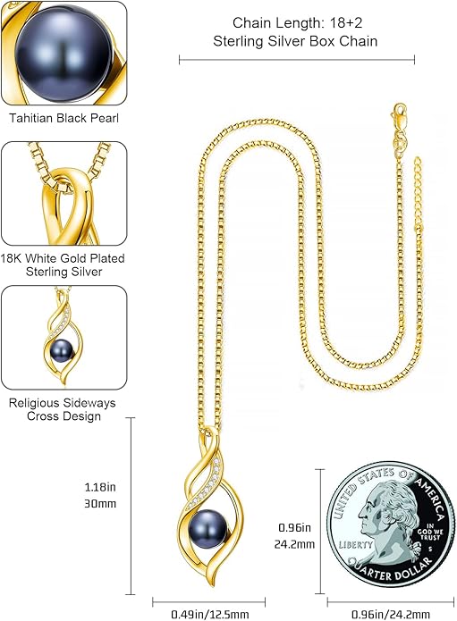 KANNSOAR Tahitian Black Pearl AAAA 18K Gold Plated Sterling Silver Pendant Necklace for Women Wife Mom Girlfriend Valentine Her Jewelry Gift for Anniversary Birthday Christmas