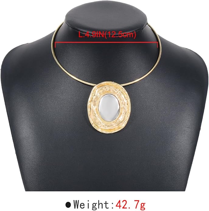 Fashion Chunky Statement Necklaces - African Choker Necklace with Gold Oval Pendant,Tribal Collar Necklace Hammered Metal Jewelry for Women