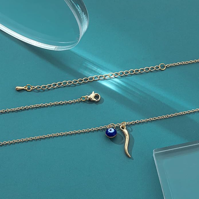 Dainty Blue Evil Eye Charm Horn Pendant Necklace for Women's Spiritual Protection Jewelry 14K Gold Plated