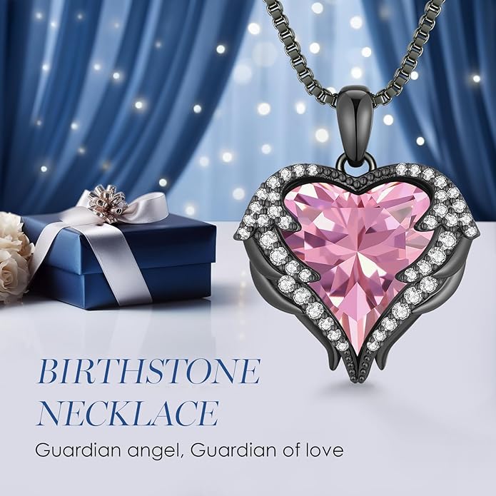 CDE Angel Wings Necklace for Women with Birthstone, Love Heart Silver Tone/Gold Tone Pendant, Ideal Anniversary or Birthday Jewelry Gifts for Wife Girlfriend Her