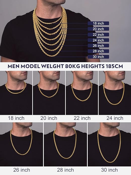Bandmax Solid 1.5mm/2mm/3mm/6mm Rope Chains for Men Women 14K Gold Plated/Black Plated Stainless Steel Twist Chain 16-30 Inches, with Gift Box