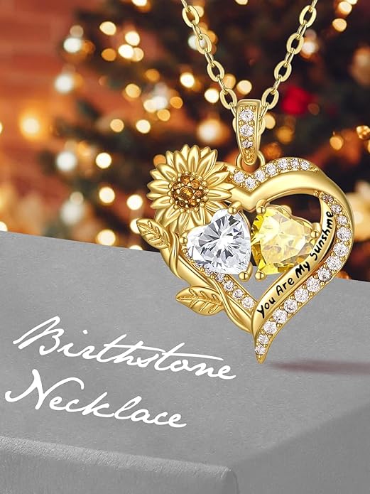 JIYVY32 Sunflower Heart Necklace for Women 14K Gold Exquisite Anniversary Birthday Gifts for Wife Mother Her Double Birthstone Pendant jewelry‘You Are My Sunshine’