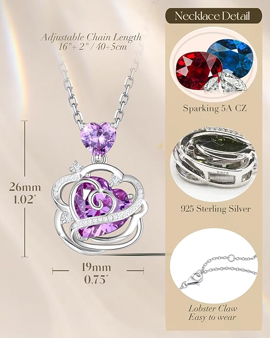 FANCIME Thornless Pulse Birthstone Necklace for Women Sterling Silver Rose Pendant Fine Jewelry Gemstone Birthday Valentines Day Gifts for Wife Her