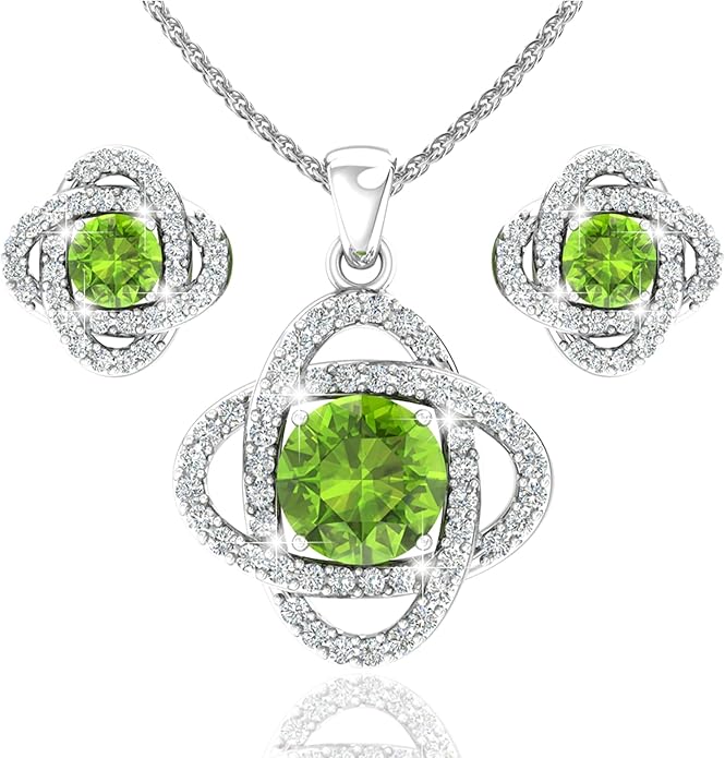 Women 925 Sterling Silver Cute Love Knot Sparkling Gemstone Push Back Stud Earrings Hanging Pendant Necklace Beautiful Fine Jewelry Accessory Set, 1.65 Carat