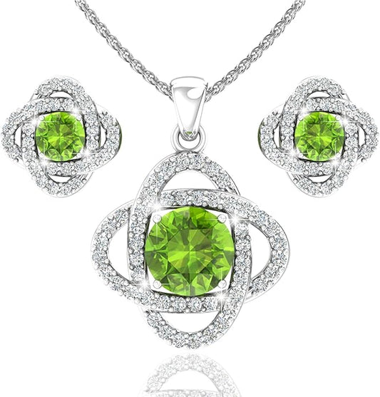 Women 925 Sterling Silver Cute Love Knot Sparkling Gemstone Push Back Stud Earrings Hanging Pendant Necklace Beautiful Fine Jewelry Accessory Set, 1.65 Carat