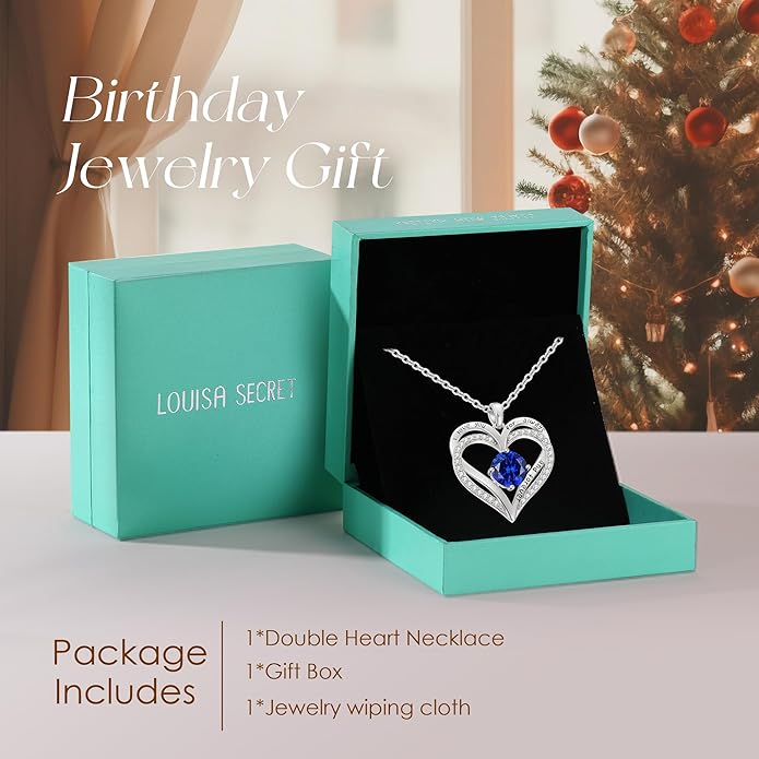 LOUISA SECRET Love Heart Birthstone Necklaces for Women, Birthday Gift for Girlfriend, Anniversary Jewelry Gift for Wife Her, 925 Sterling Silver Women Pendant Necklace, Mother's Day Christams Gift