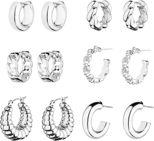 Wgoud Chunky Hoop Earrings Set 14K Gold Plated Hoop Earrings for Women Hypoallergenic, Thick Twisted Huggie Hoops Earring Set