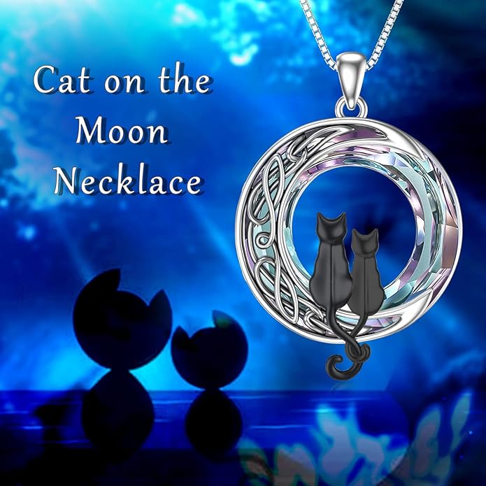 TOUPOP Christmas Cat Gifts for Cats Lovers One Two Three Four Cats Necklace Sterling Silver Cats on the Moon Pendant Necklace with Blue Circle Crystal Birthday Christmas Celtic Jewelry Gifts for Women