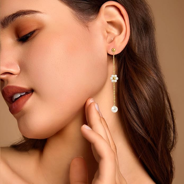 Zeffy Pearl Earrings for Women 14k Gold/Silver Pearl Drop Earrings Long White Pearl Tassel Dangle Statement Earrings Bridal Wedding Dainty Prom Earrings Birthday Gifts Jewelry
