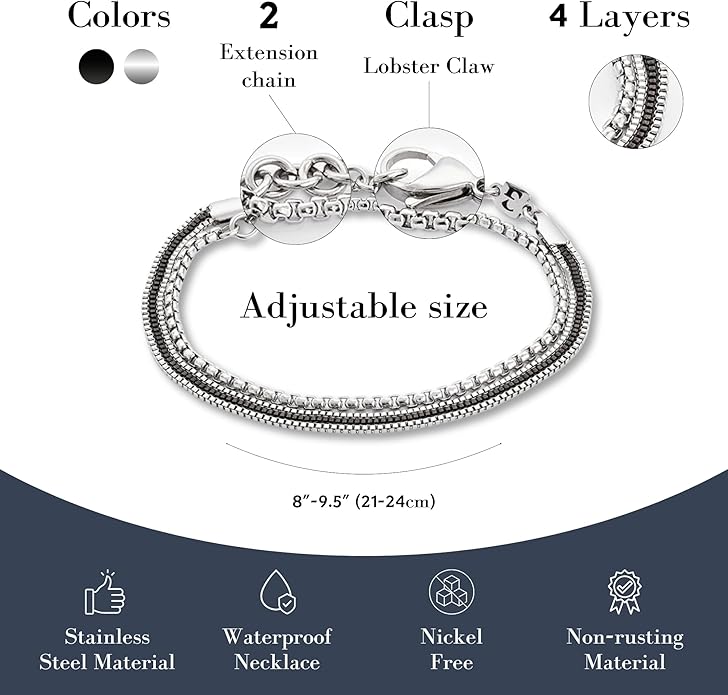 Galis Mens Bracelet - Cuban Link or Box Chain Layered Chain For Men - Premium Stainless Steel, Gift for him, Gold, Silver, Black Bracelet For Men 7-8" Size, 3-5mm Thick