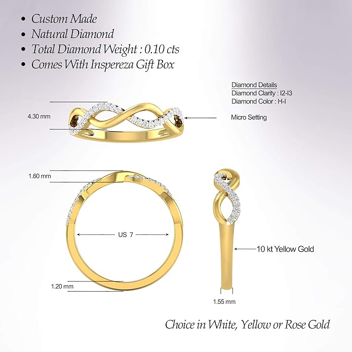 Inspereza Solid 10k Real Gold Minimalist Thin Twist Knot Stackable Diamond Ring | 1/10 Ct TW Real Diamond Engagement Anniversary Wedding Band for Women | Simple Gold Stacking Rings (Size 4-9)