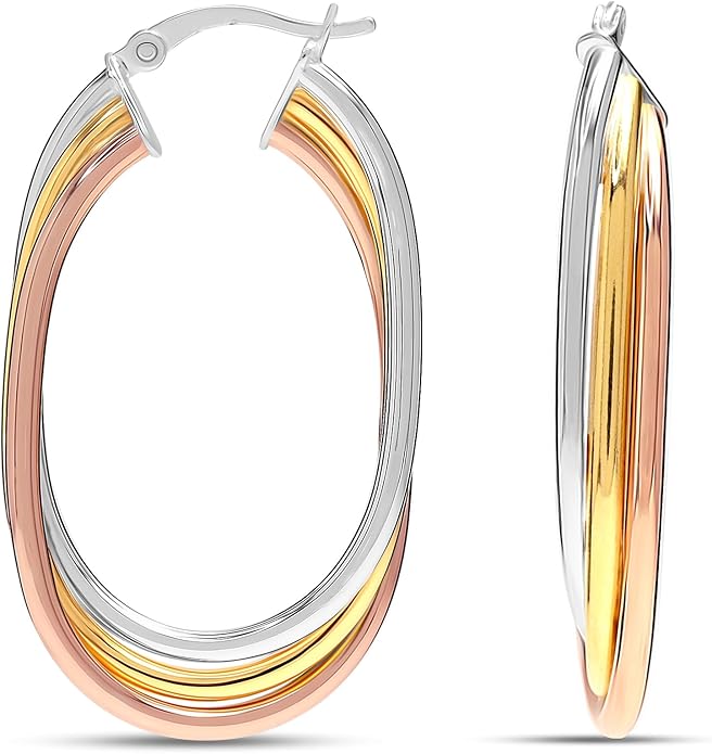 LeCalla 925 Sterling Silver Chunky Hoop Earrings | 14K Two-Tone Three-Tone Hoop Earrings | Intertwining Oval Shape Polished Twisted Hoop Earrings for Women