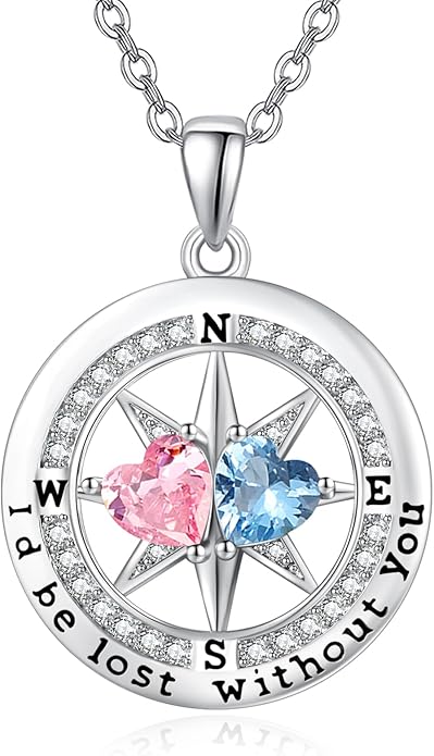 Compass Birthstones Necklace for Women, Exquisite Anniversary Birthday Gifts for Wife Her Double Birthstone Pendant jewelry ‘I'd be Lost Without You’
