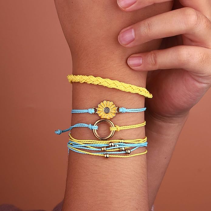 FANCY SHINY Sunflower String Bracelet Boho Braided Rope Wrap Bracelets Cute Summer Beach Surfer Jewelry for Women