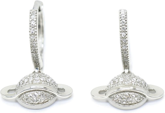 Planet-Inspired Dangle Hoop Earrings for Women – Crystal-Encrusted Saturn Design, 25mm Drop Length, 23mm Wide.KT0010