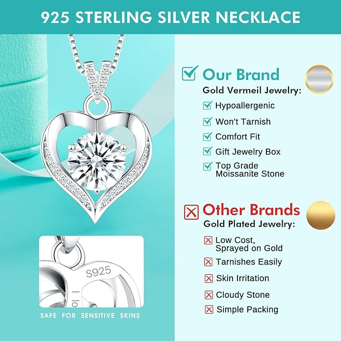 Moissanite Necklace for Women Moissanite Lab Created Diamond Heart Pendant Necklace Sterling Silver 1-3 Carat, Engraved with 'I LOVE YOU', Jewelry Gifts, for Wife, for Girlfriend, for Mom, Birthday Gift, Anniversary Present