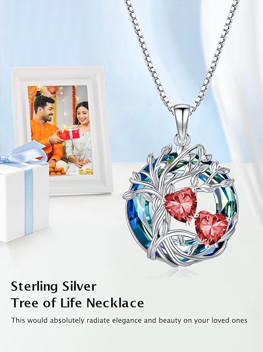 TOUPOP s925 Sterling Silver Family Celtic Tree of Life Pendant Necklaces with 2 Heart Birthstone with Blue Austrian Crystal Jewelry Birthday Anniversary Christmas Gifts for Her Wife Girlfriend Mom (18K Real White Gold Filled)