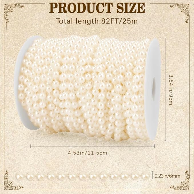 Najdeiuyt Ivory ABS Plastic 6mm Classic Wedding Multi-purpose Pearl Beads Garland, 82FT Faux Pearl Strand Roll for DIY Craft Christmas Tree Wedding Party Supplies Flowers Decoration