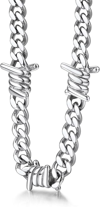 Bestyle Barbed Wire Necklace 5/7/9/12mm Mens Chain Necklaces Hip-hop Punk Gothic Stainless Steel Chain Heavy Thick Cuban Link Chain for Men Women, Length 16/18/20 Inch