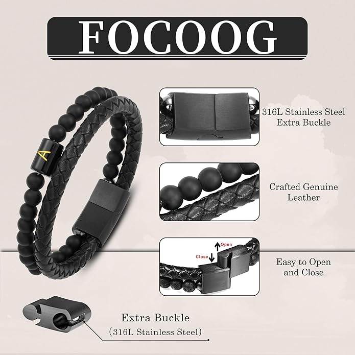 FOCOOG Leather Bracelets for Mens Gifts - Premium Genuine Leather Natural Lava Rock Matte Agate Adjustable Stainless Steel Magnetic Clasp Initial Bracelet, Unique Gifts for Men Husband Dad Son