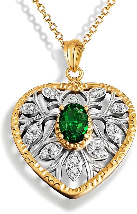 Raneecoco Natural Gemstone Necklace for Women 18K Gold Plated Sterling Silver Two-Tone Tree of Life & Love Heart Pendant Jewelry | Dainty Birthstone Gift For Her Mother Wife