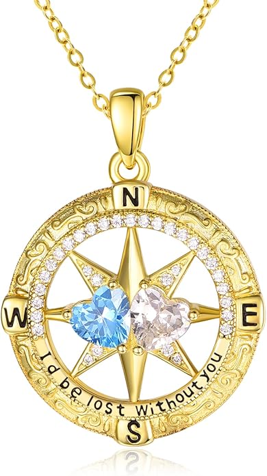 Zeuslia Double Birthstone Necklace Gifts for Wife - 925 Sterling Silver Sunflower/Rose/Crown Cross/Compass/Heart Pendant I Love You Necklace, Anniversary Birthday Gifts for Wife Girlfriend Mom Her