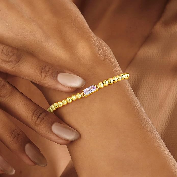 Yoosteel Dainty Birthstone Bracelet for Women - Elastic 14K-Gold-Plated Bead Bracelets Trendy Friendship Birthday Jewelry Gifts Christmas Stocking Stuffer for Women