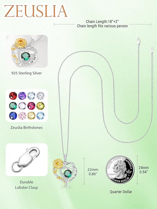 Zeuslia Double Birthstone Necklace Gifts for Wife - 925 Sterling Silver Sunflower/Rose/Crown Cross/Compass/Heart Pendant I Love You Necklace, Anniversary Birthday Gifts for Wife Girlfriend Mom Her