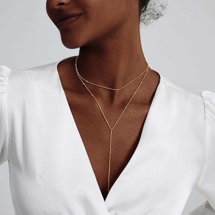 Gold Necklace for Women Trendy Lariat Y Necklace Dainty 14k Gold Plated/Silver Long Necklaces for Women Layered Beaded Drop Necklaces Simple Y-Shaped Chain Jewelry Gifts
