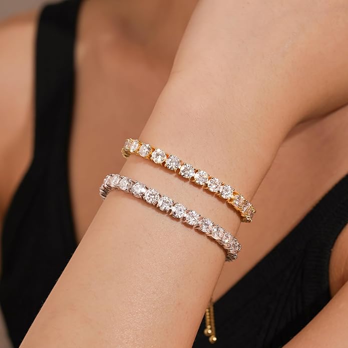 1.2-12 CTTW Moissanite Tennis Bracelet for Women, Adjustable 2-5mm D Color VVS1 Round Cut Moissanite Bolo Bracelet, 18K Gold Plated 925 Sterling Silver Simulated Diamond Bracelet Gifts for Women Her