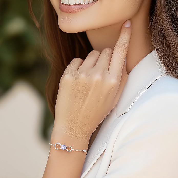 LOUISA SECRET Rose Gold Infinity Heart Bracelet for Women, Adjustable Chain 925 Sterling Silver Link Birthstone Bracelets, Best Anniversary Birthday Jewelry Gifts for Women Mom Wife Her