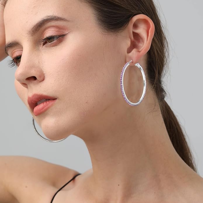 925 Sterling Silver Earrings Large Rhinestone Hoop Earrings Big Cubic Zirconia Hoop Earrings Thin Rhinestones Round Hoop Earrings for Women 20/30/40/50/60/70mm Sparkly Hoops With Crystals for Womens