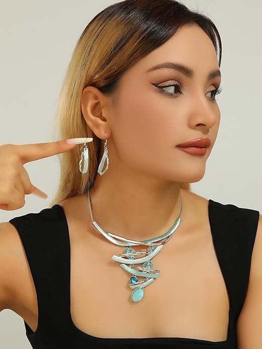 Chunky Statement Jewelry Set Vintage Retro Leaf Flower Floral Geometric Bohemian Boho Bib Necklace Earring Set Fashion Costume Jewelry for Women Girls Wedding Party Prom Unique Gift