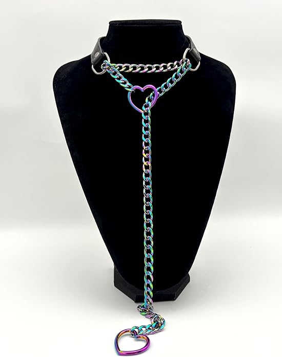 Black Leather Choker Collar For Women, Handmade Heart Slip Chain Choker Long Necklace with Adjustable Buckle