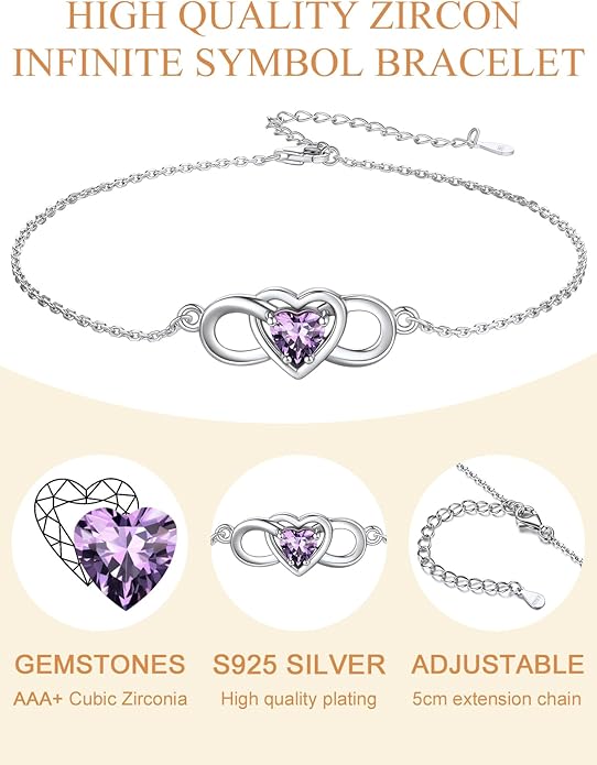 Custom4U Personalized Infinity Love Symbol Link Bracelets for Women 925 Sterling Silver Birthstone Bracelet Adjustable Engraved Chain Christmas Mother's Day Birthday Jewelry Gifts for Mom Her