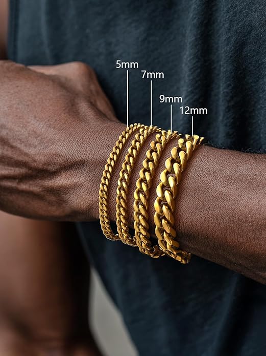 FaithHeart Mens Stainless Steel Cuban Link Bracelet - 5/7/9/12mm Width 7.5"/8.3"/9" Black/Silver/Gold Plated Heavy Duty Wrist Chain Bracelet Hip Hop Jewelry Birthday Gifts for Him
