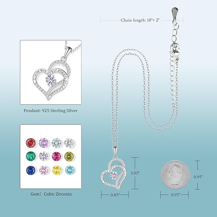 Heart Birthstone Silver Necklace for Women, S925 Sterling Silver Pendant Necklace Birthday Jewelry Gifts for Her Mother Mom Wife Girlfriend