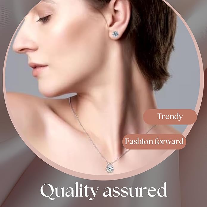 925 Sterling Silver Moissanite Jewelry Set - Classic European Design Necklace Earrings Set with Round Cut Moissanite Pendant - Adjustable Chain - Gift Box