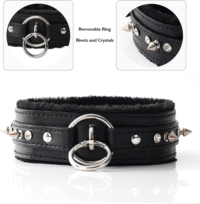 Gothic Punk Choker for Women, Handmade PU Leather Collar with Crystal Rivets Soft Inner Fur Comfortable Necklace