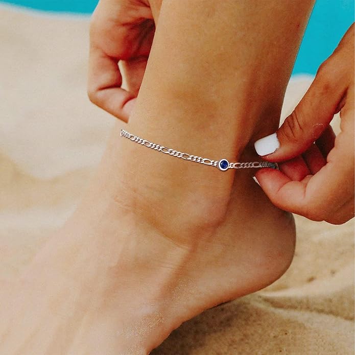 ChicSilver Sterling Silver Anklets Bracelets for Women, Figaro Chain Heart/Round Birthstone Anklet for Women Waterproof, Dainty Herringbone Ankle Bracelet Summer Beach jewelry