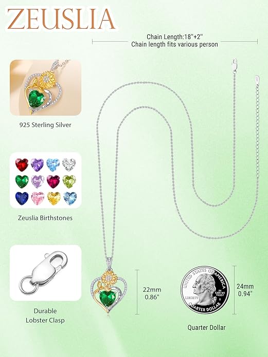 Zeuslia Double Birthstone Necklace Gifts for Wife - 925 Sterling Silver Sunflower/Rose/Crown Cross/Compass/Heart Pendant I Love You Necklace, Anniversary Birthday Gifts for Wife Girlfriend Mom Her