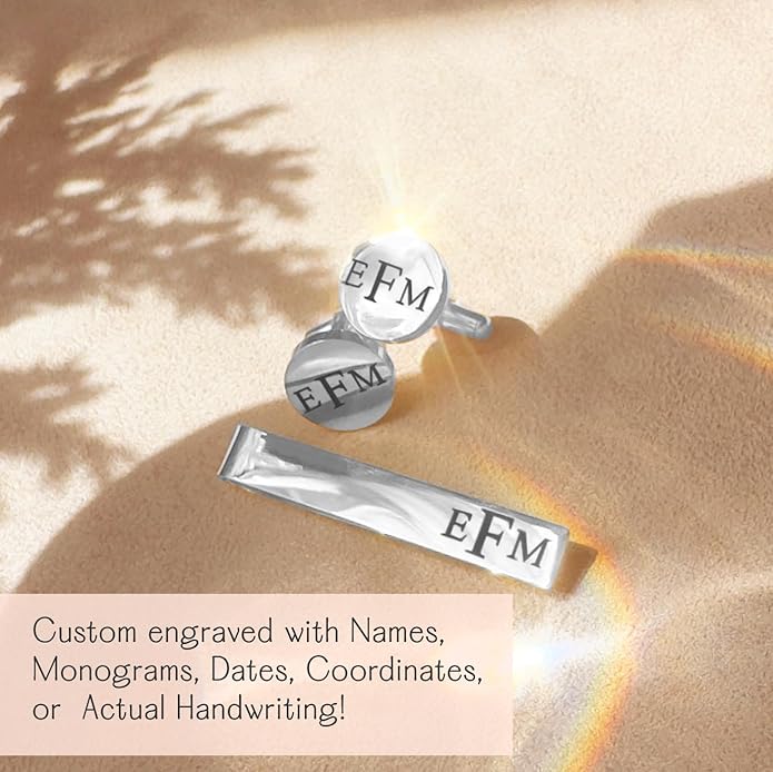 Custom Cuff Links & Personalized Tie Clip Gift Set for Men • Engraved Monogram, Date, Handwriting, Crest, Logo • Father's Day Gift for Dad • Gold, Silver, Black