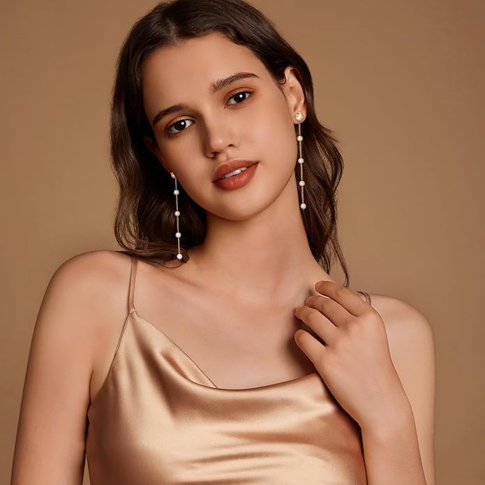 Zeffy Pearl Earrings for Women 14k Gold/Silver Pearl Drop Earrings Long White Pearl Tassel Dangle Statement Earrings Bridal Wedding Dainty Prom Earrings Birthday Gifts Jewelry